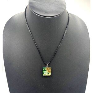 Vetro Di Murano Glass Square Pendant Cord Necklace Adjustable Silver Tone 17-19"